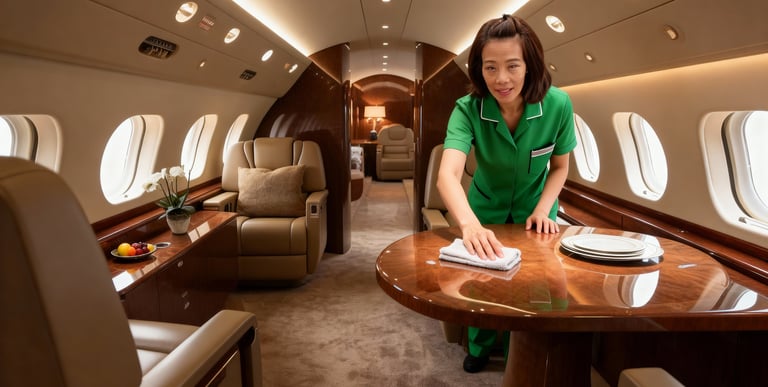 An image of a woman wiping a wood table top inside a corporate jet.