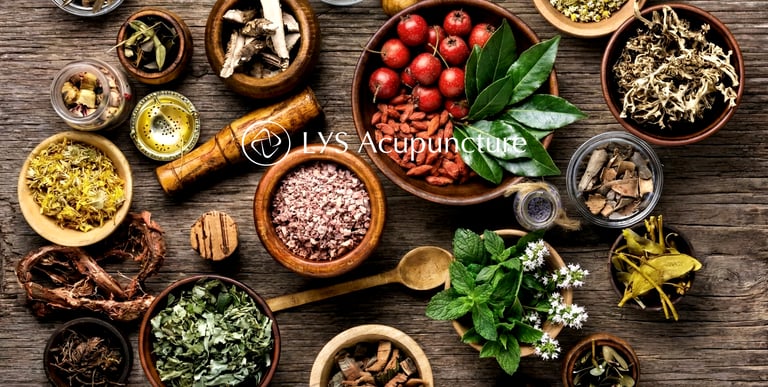 Assorted traditional Chinese medicinal herbs and dried botanicals for acupuncture and holistic healing.