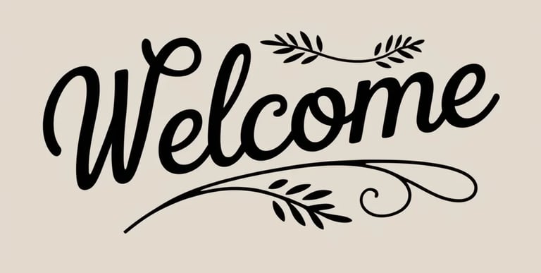 The word “Welcome” written in elegant black script with decorative swirls and leafy accents on a beige background.