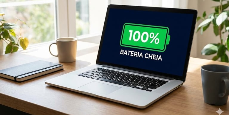 Notebook em uma mesa; em sua tela, uma imagem de uma bateria verde escrito 100%, bateria cheia.