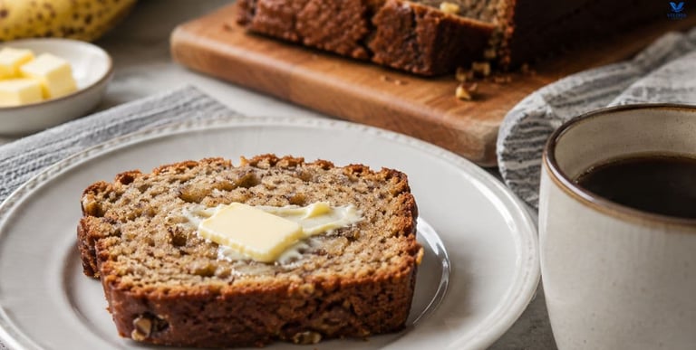 Slice of healthy banana bread topped with butter and coffee.