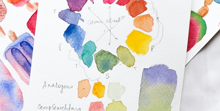 Watercolor color wheel painting with hand-drawn labels for primary, secondary, and tertiary shades on white paper.