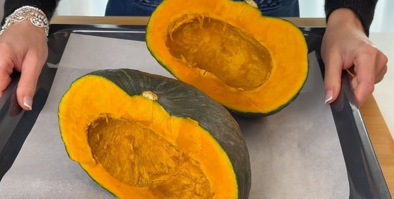 Cut the pumpkin in half, remove the seeds and roast it
