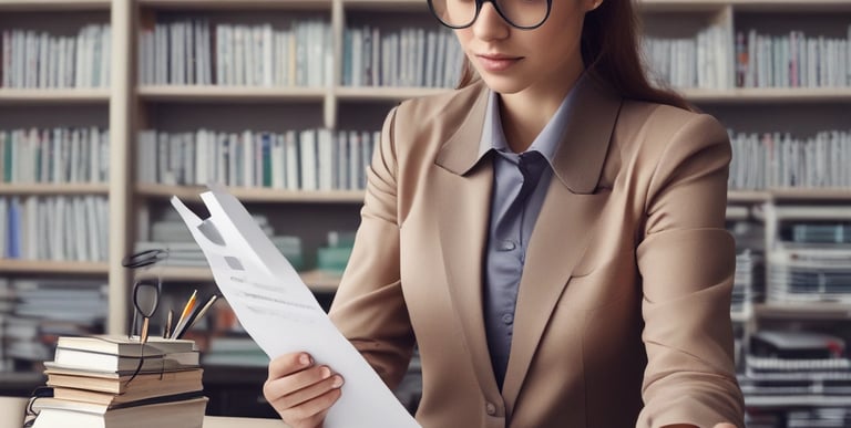 Team members collaborating over financial reports in a modern office setting.