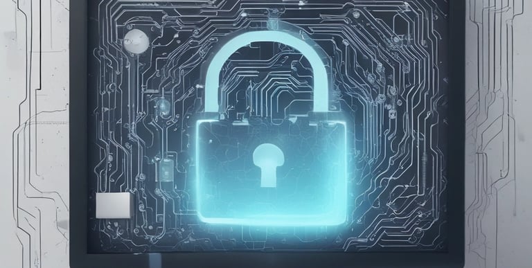 Digital glowing blue lock on a screen showing inside computer chip wires and connections.