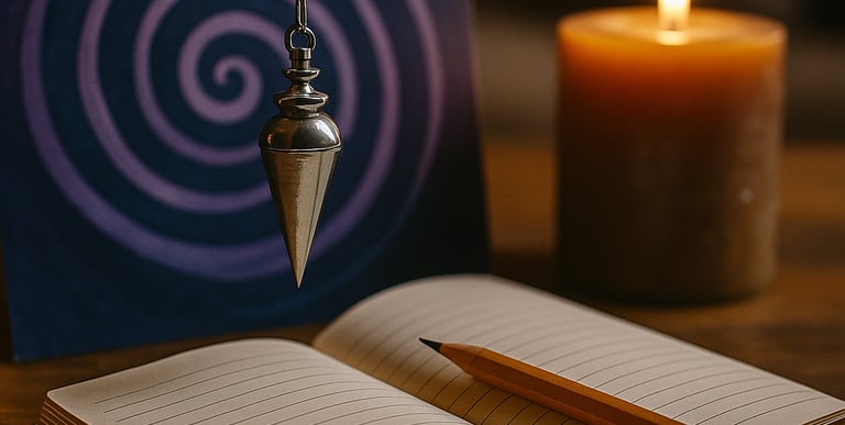 Curso de Formação Completa em Hipnoterapia da Solução de Impacto, com pêndulo e vela acesa.