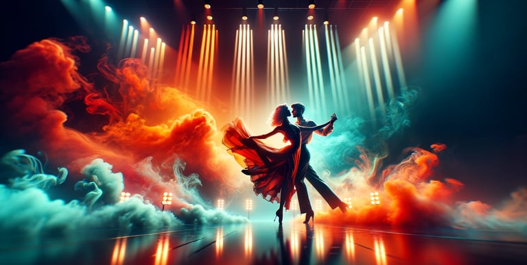 a ballroom dance couple dancing on a beautiful stage with cyan and orange smoke and lights setting the stage