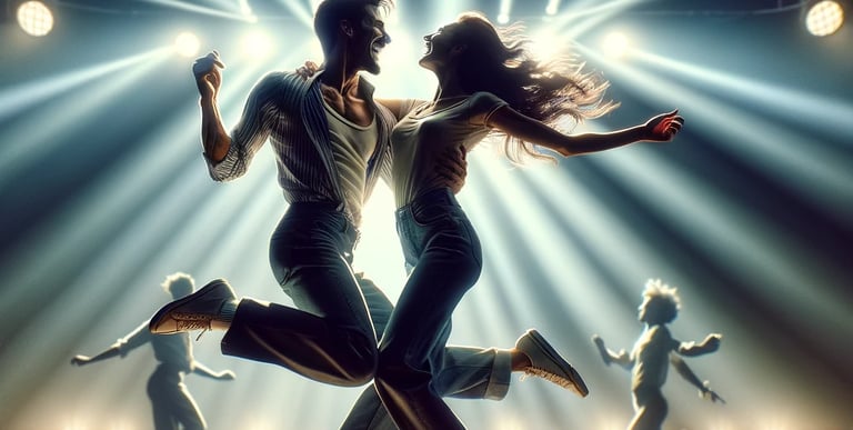 happy couple dancing enthusiastically on a brightly lit stage