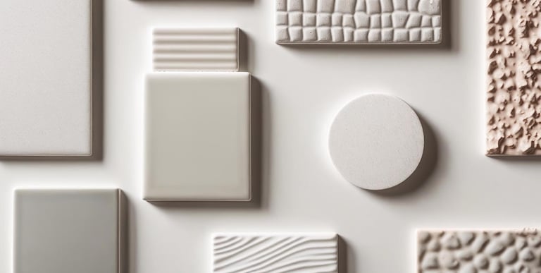Close-up of ceramic tile samples with glossy, matte, and patterned finishes.