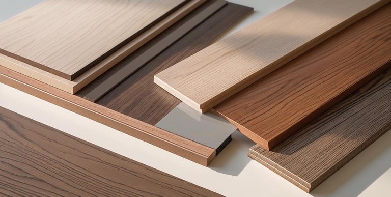 Close-up of engineered wood flooring samples with various finishes.