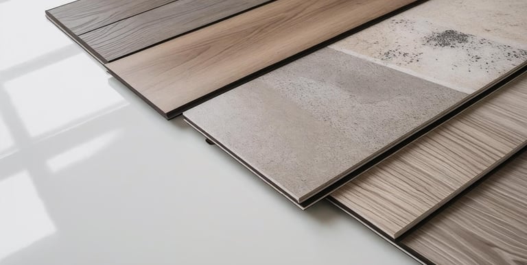 Close-up of laminate flooring samples with woodgrain and stone-look finishes.