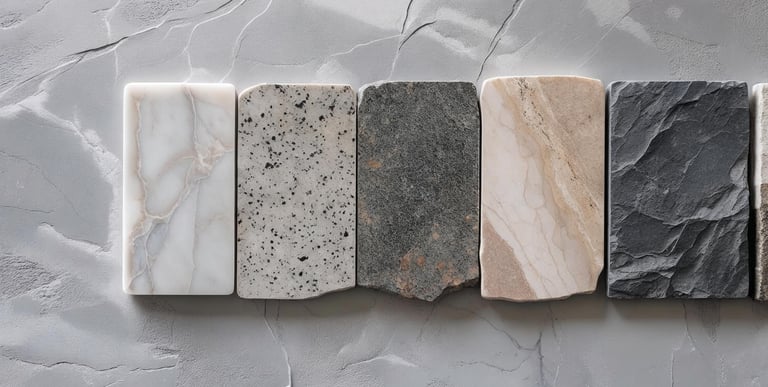 Close-up of polished marble, granite, travertine, and slate natural stone samples.