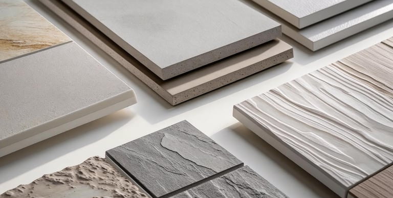 Close-up of porcelain tile samples showcasing different finishes and textures.