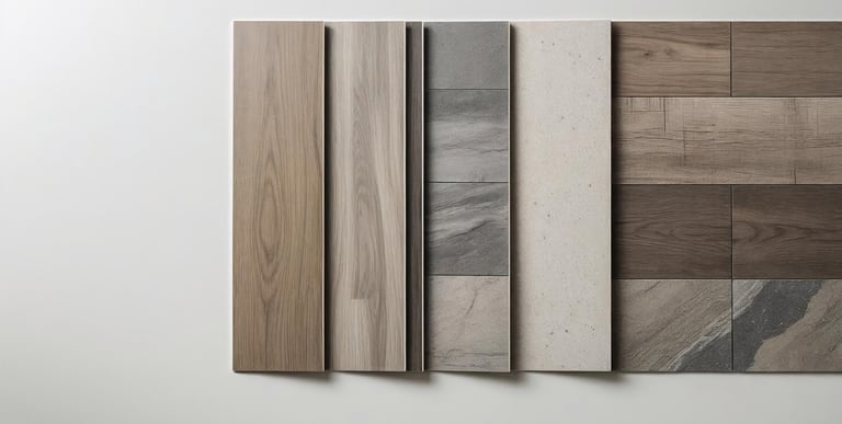 Close-up of vinyl plank flooring samples with wood-look and stone-look finishes.