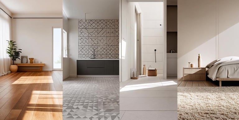 Collage of hardwood, tile, carpet, and stone flooring styles for various rooms.