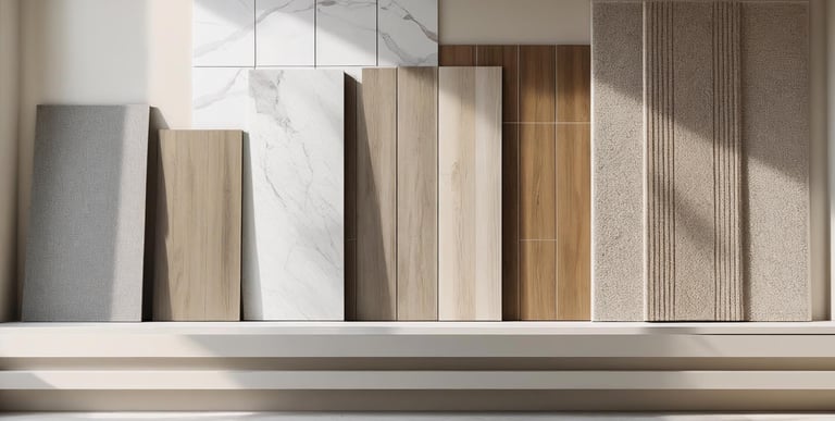 Various flooring materials including wood, tile, marble, laminate, vinyl, and carpet samples.