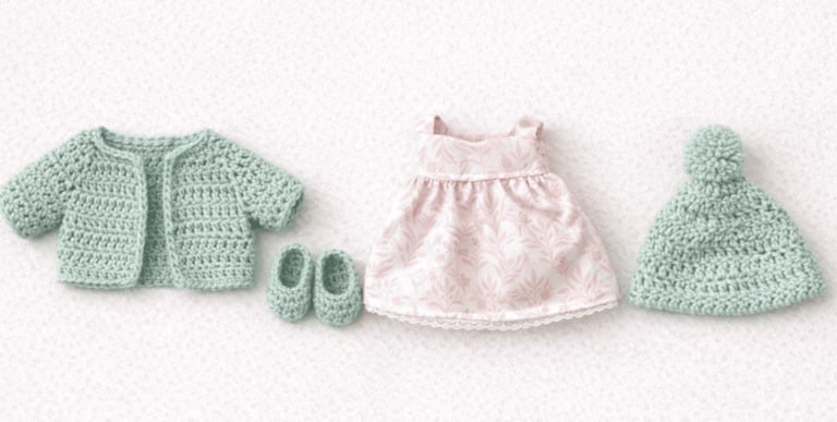 Conjunto de ropa para muñeca con sueter, gorro y zapatos de crochet verde salvia y vestido rosa