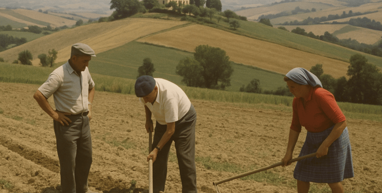 persone che lavorano i campi marche