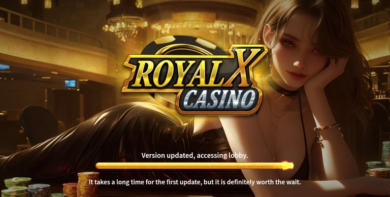 Lady lying on her slim and skinny arms with title royal x casino after her 