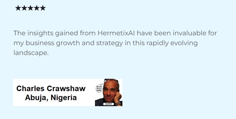 5-star review by Charles Crawshaw praising HermetixAI for delivering AI mastery and strategic growth