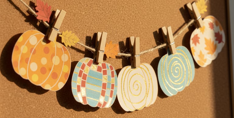 Decorated paper pumpkins clipped to twine as a fall banner