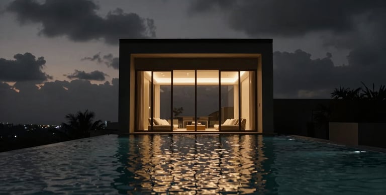 Cinematic wide shot of a luxury hotel infinity pool at dusk, warm interior lights reflecting on the water, dramatic dark sky, minimalist architecture.