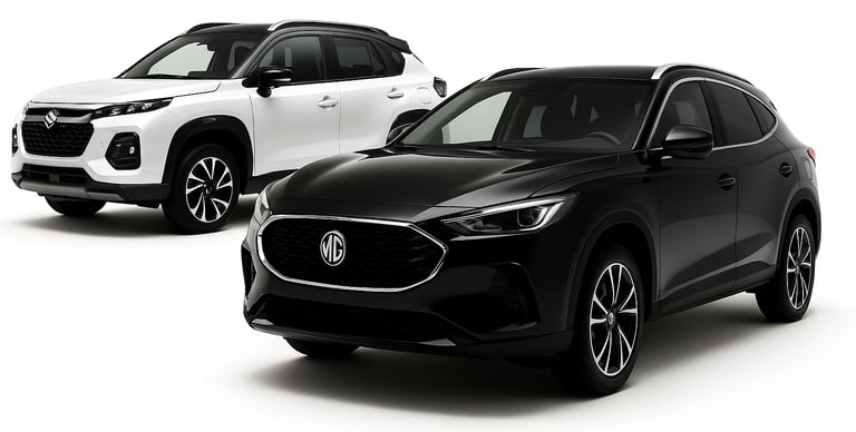 White Suzuki and Black MG SUVs parked next to each other