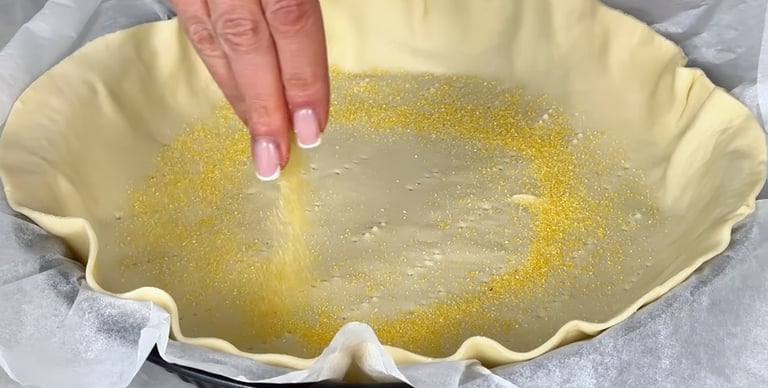 Prick the base with a fork and sprinkle a handful of breadcrumbs