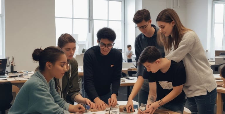 A modern workspace features a large curved monitor displaying a web agency page, surrounded by various items including a laptop, a smartphone, a wireless keyboard, headphones, and a stylus pad. The setup is neatly arranged on a wooden desk against a dark wall, creating a sleek and professional look.