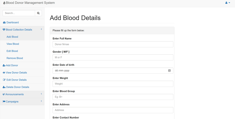 Blood Donor Management System - Add Blood Details Page
