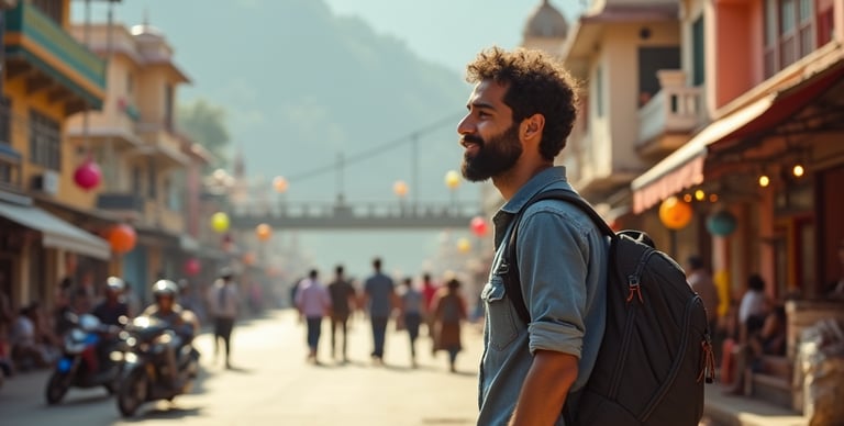 a man arrived in rishikesh, with bagpack and wonder