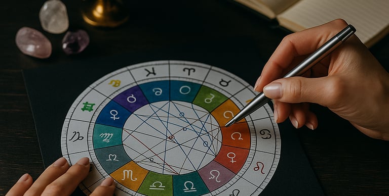 Curso de Formação Completa em Astrologia da Solução de Impacto, com mão apontando mapa astral.