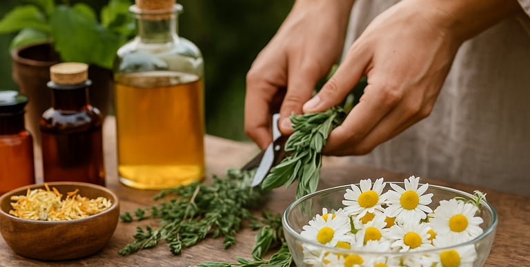 Curso de Formação Completa em Fitoterapia da Solução de Impacto, com ervas, flores e frascos.