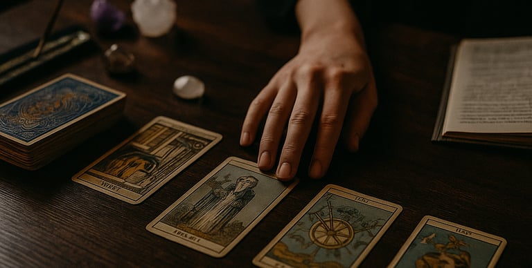 Curso de Formação Completa em Tarot da Solução de Impacto, com mão posicionando cartas de tarô.