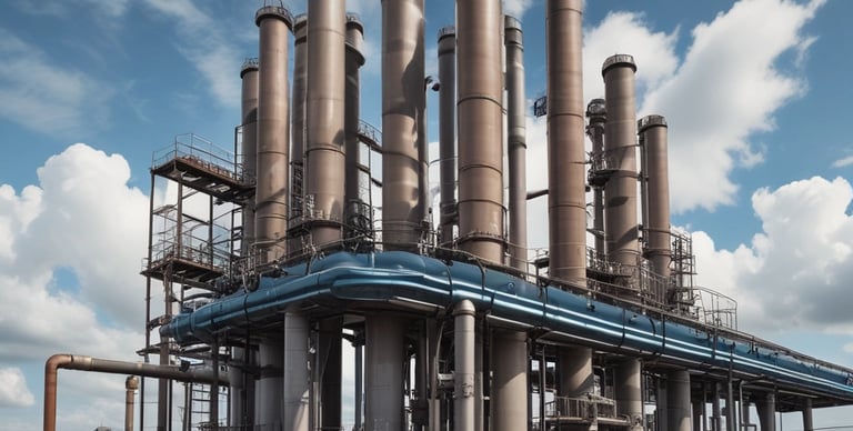 a large industrial steel pipework plant with a blue sky and clouds