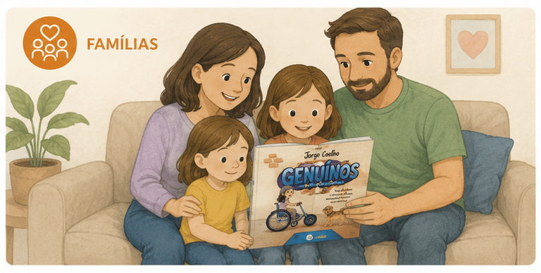 A happy family sitting on a couch reading the Genuinos children's book together in a cozy living room.