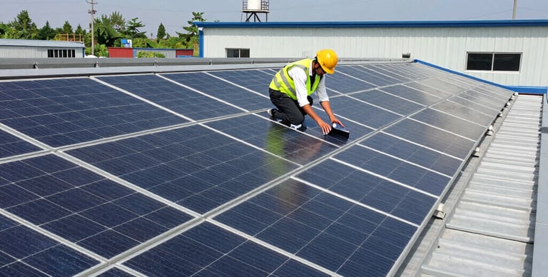 A bright rooftop solar panel installation shining under a clear blue sky.