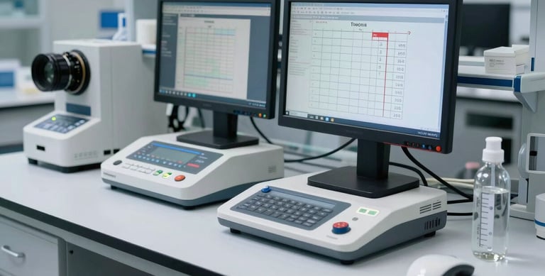 A clean, modern laboratory workbench with calibration equipment and digital monitors displaying occupational dose charts.
