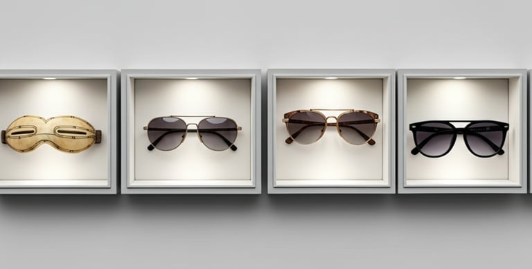 Cuatro pares de lentes de sol exhibidos en vitrinas, mostrando la evolución.