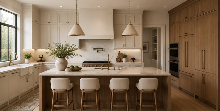 Modern luxury kitchen with marble countertops, wood island, and pendant lighting.