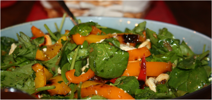 zesty spinach and grilled pepper salad