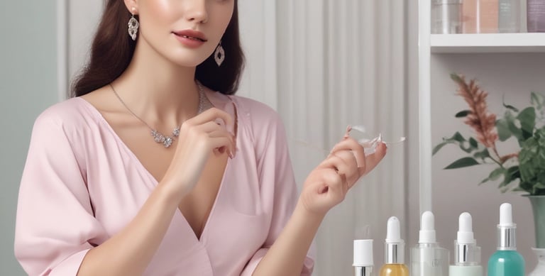 A neatly arranged collection of luxury skincare products placed inside an elegant white leather bag. The items are set against a backdrop of fashion magazines on a wooden surface, giving a sense of sophistication and style.