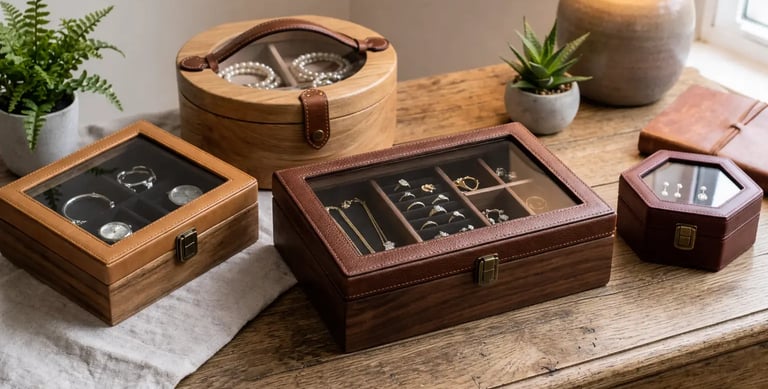 Quatre boîtes à bijoux en bois, cuir,velours et verre disposées sur une table, pour bagues, colliers et bracelets