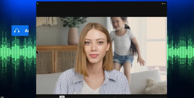 una chica mirando la camara, atras una niña saltando en un mueble o soufa