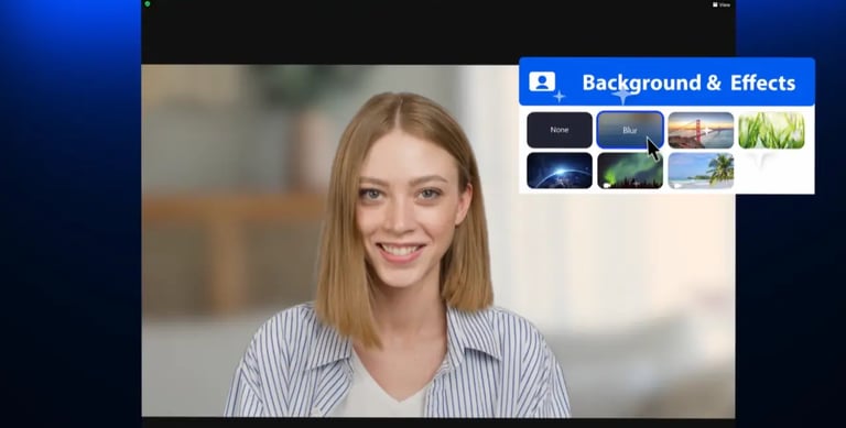 una chica sonrriendo a la camara y en un angulo se ve unas opciones para elegir en monitores con distintos efectos de video