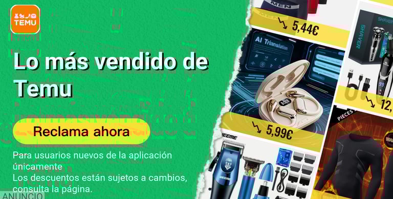 Temu bestsellers ad featuring wireless earbuds, electric shavers, and hair clippers on a green background.