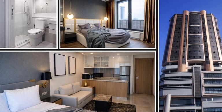 Luxury hotel suite interior with modern bedroom, kitchenette, bathroom, and exterior skyscraper view.