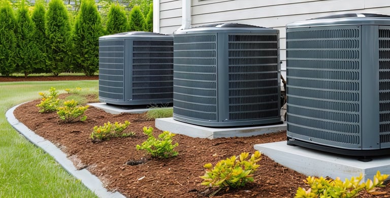 Photo with three Heat Pumps installed with nice and clean outdoor area aside of a property