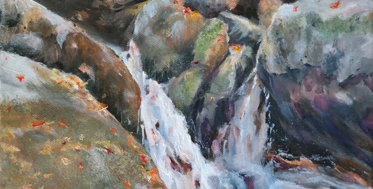a painting of a waterfall in autumn