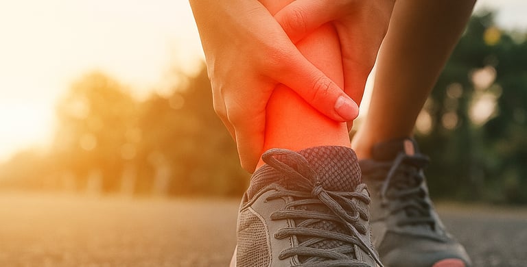 Common sports injury symptoms: swelling, pain, bruising, limited movement.